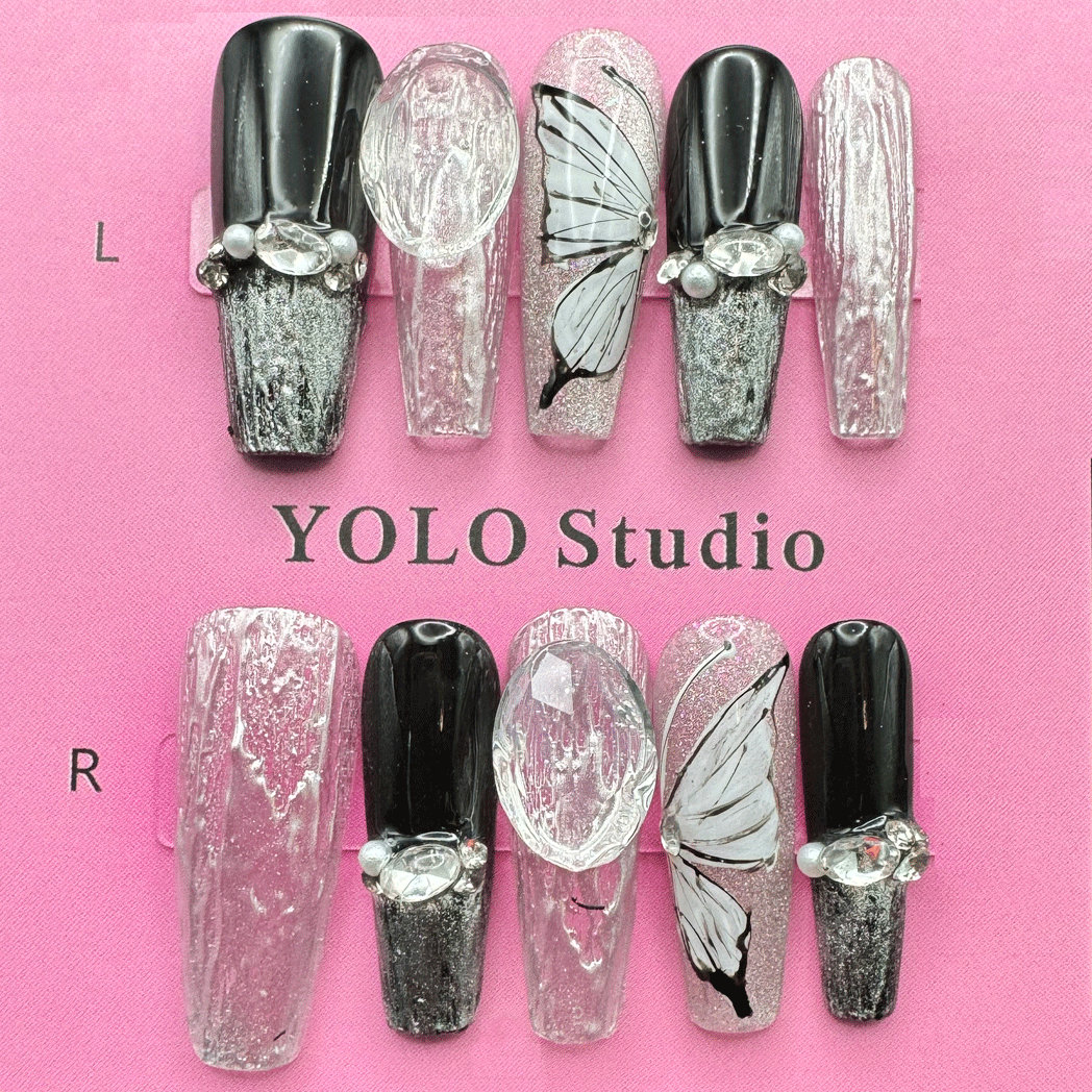 YOLO 07 Silver Wings Handmad Reusable Press-ON Nails